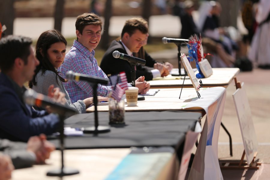Ben Amundson listens to other candidates answer questions during the ASCSU president and vice president election debate in the Plaza March 27. (Forrest Czarnecki | Collegian)