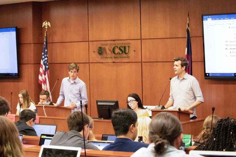 CSU student body president Tristan Syron gives his executive report to the ASCSU senate body March 27. (Anna Von Pechmann | Collegian)