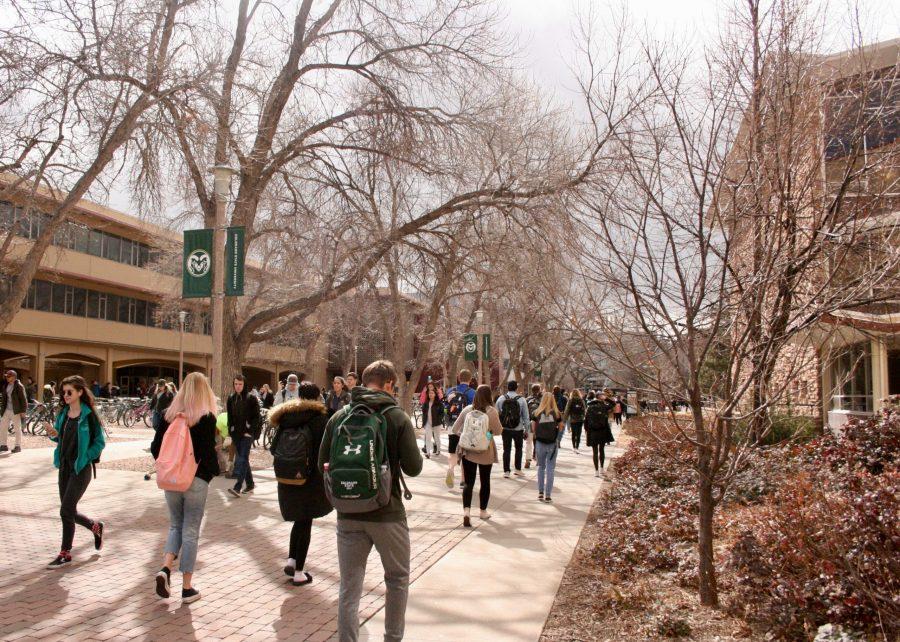 Colorado State University students from across the globe walk outside the Andrew G. Clark Building Mar. 1st. (Alyssa Uhl | Collegian)