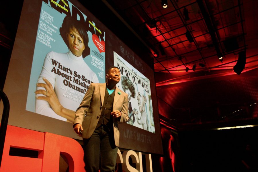 D-L Stewart, a professor in the Colorado State University School of Education, discusses the intersectionality of being both trans and Black at the annual TEDxCSU conference in the Lory Student Center Theatre March 9, 2019. (Alyssa Uhl | The Collegian)