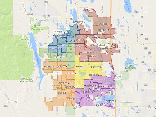 A map of the City of Fort Collins, divided by district. The blue section (top left) is district 6, the red section (top right) is district 1, with districts 5 (green), 2 (yellow), 4 (orange) and 3 (purple) 
 following in that order. (Photo courtesy of Google Maps)