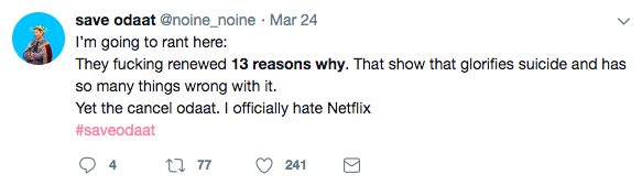 Twitter post, person rants on Twitter about hatred for Netflix Original series "13 Reasons Why"