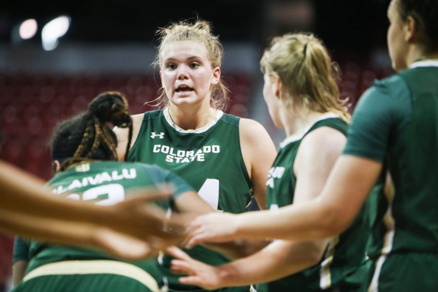 Mollie Mounsley looks towards teammates after the Rams scored a free throw during the first round of the Mountain West Tournament against Utah State on March. 10. (Tony Villalobos May | Collegian)