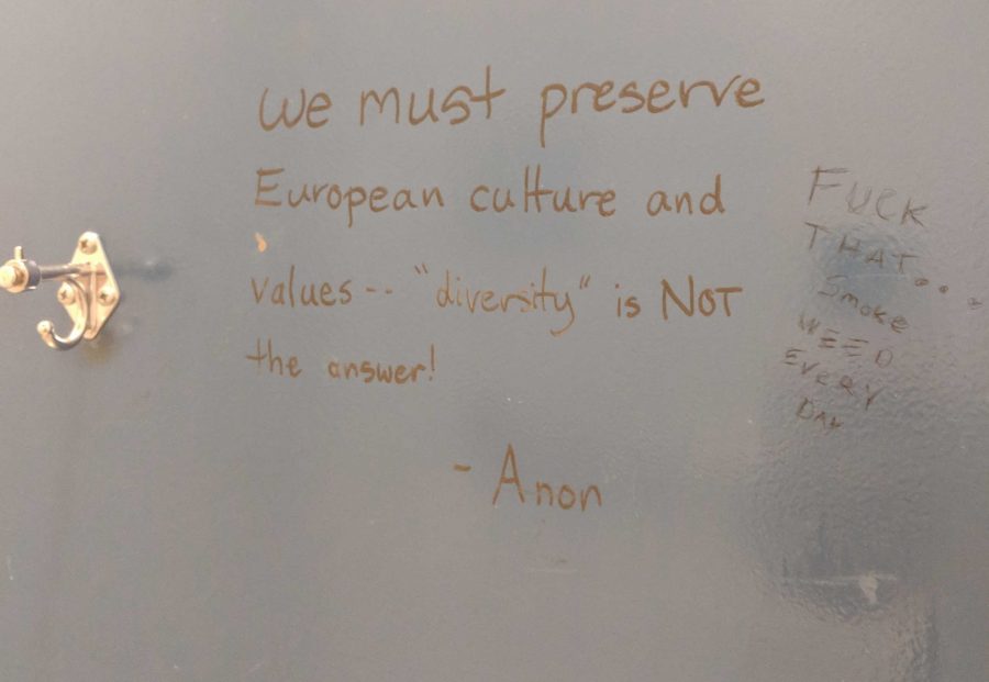 Graffiti that read we must preserve European culture and values...diversity is not the answer was found in a mens bathroom in the Warner College on March 6. (Photo courtesy of Alex Scott)