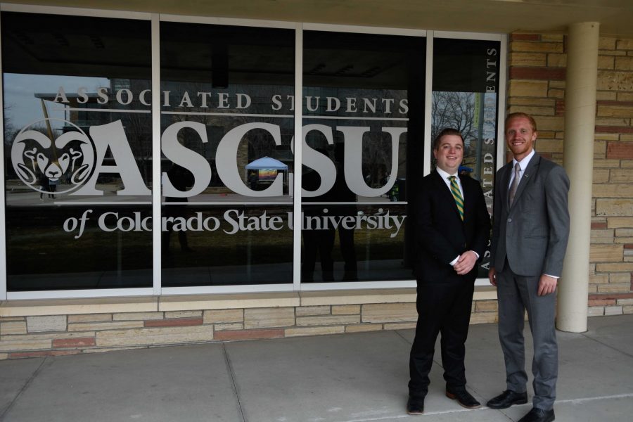 ASCSU President candidate Flint Corliss and Vice President candidate Wyatt Mount pose for a portrait on April 2, 2019. (Matt Tackett | Collegian)