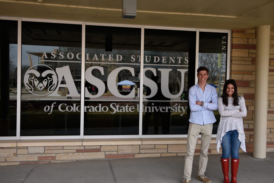 ASCSU President candidate Ben Amundson and Vice President candidate Alexandria Farias pose for a portrait on April 2, 2019. (Matt Tackett | Collegian)