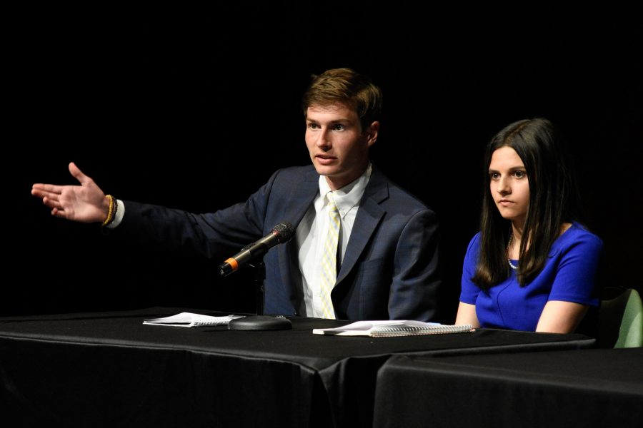 ASCSU President candidate Ben Amundson and Vice President candidate Alexandra Farias answer questions during the ASCSU LSC Theatre Debate April 3. (Matt Tackett | Collegian)