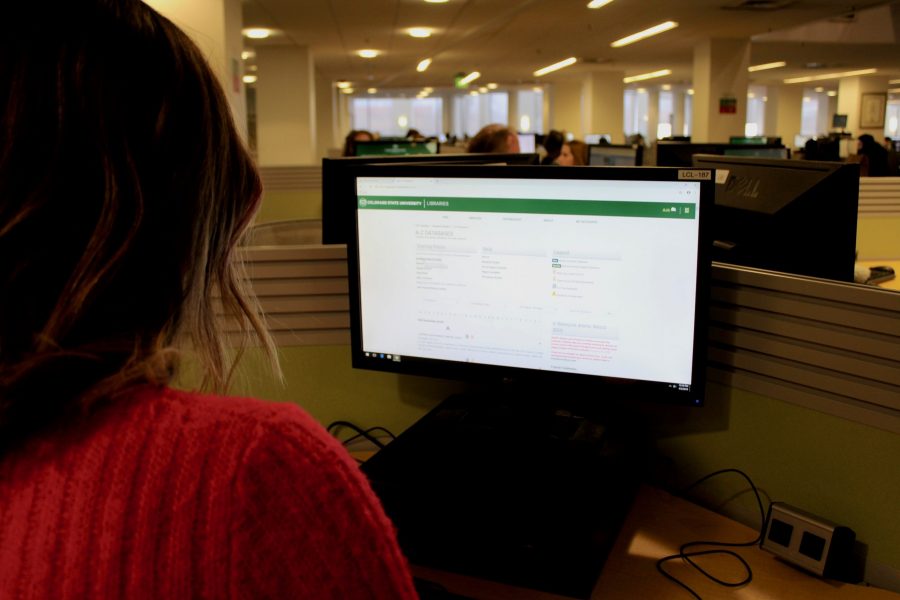 A Colorado State University student looks at the Library databases offered to all students for research purposes. There are 345 databases offered ranging from peer reviewed science articles to journals related to history, engineering and many more. (Matt Begeman | Collegian)