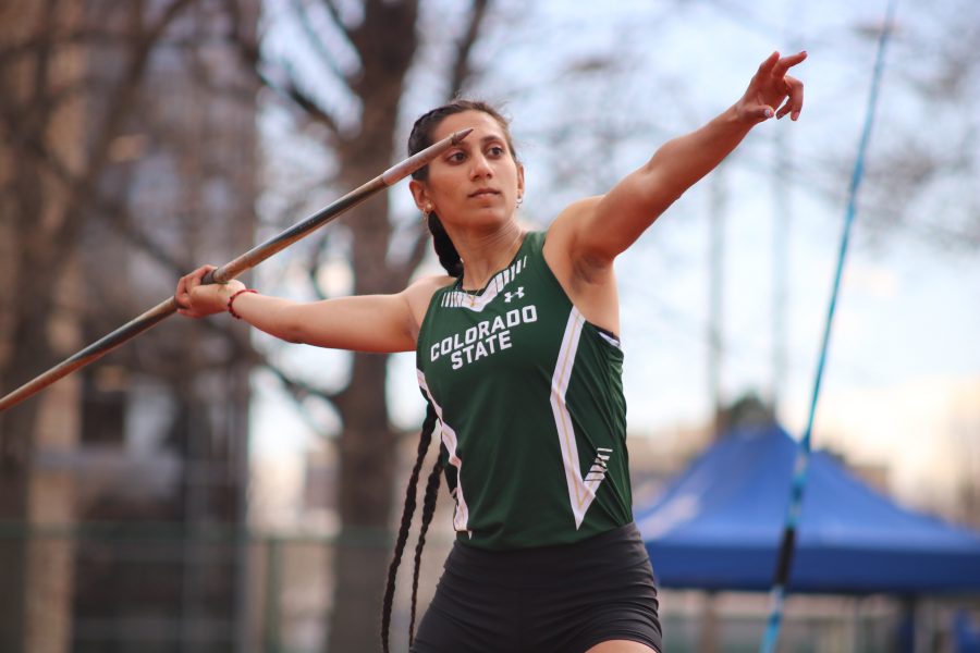 Tarah Vijayasarathy aims her javelin while throwing for CSU, at the Doug Max Invitational. (Devin Cornelius | Collegian)
