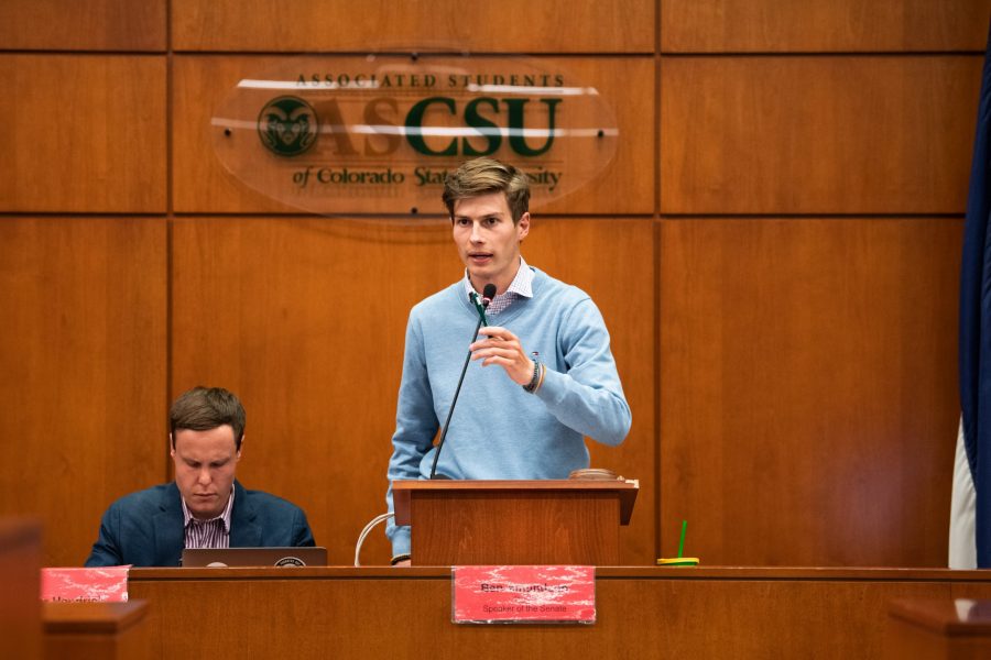 ASCSU Speaker of the Senate Ben Amundson end’s the ASCSU April 17 senate session with announcements about a special senate session being held next week in order to take care of additional bills. (Colin Shepherd | Collegian)