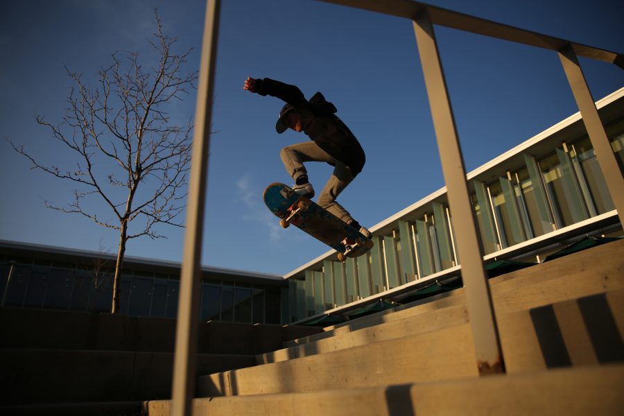Leif Idzahl sends a five-step jump on his skateboard near the Lory Student Center April 23. Idzahl and his family were visiting Fort Collins from Steamboat Springs. (Forrest Czarnecki | Collegian)