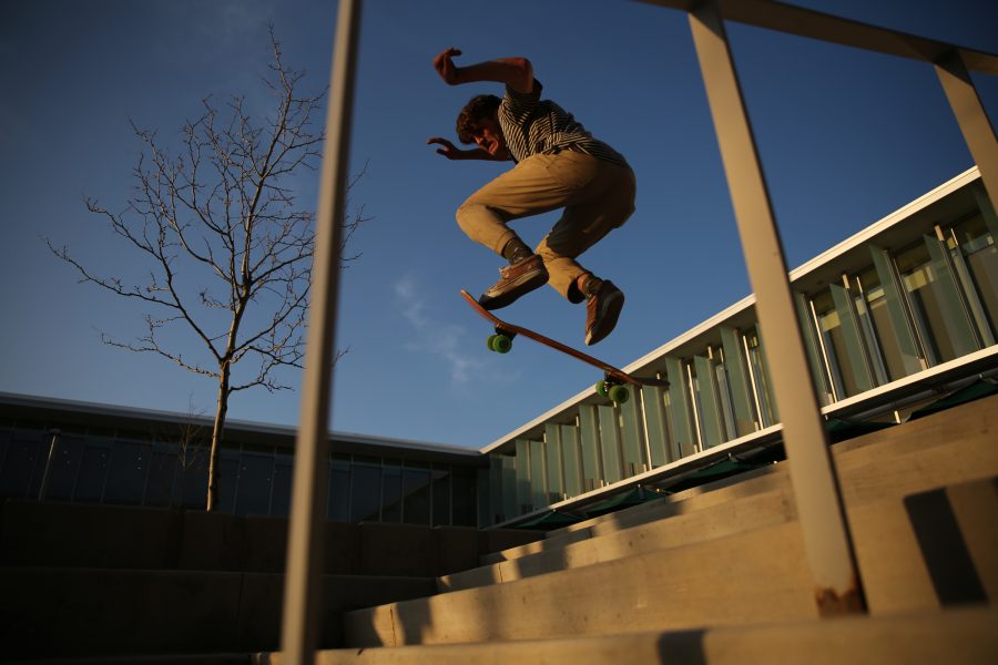 David Lynch sends a five-step jump on his skateboard near the Lory Student Center April 23. (Forrest Czarnecki | Collegian)