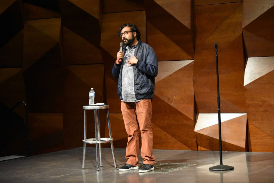 Hari Kondabolu jokes during his April 24, 2019 show in the LSC theater. Kondabolu is a renowned comedian and speaker whose jokes focus mainly on racism. This show was a part of APIDA Heritage Month at CSU. (Alyse Oxenford | Collegian)