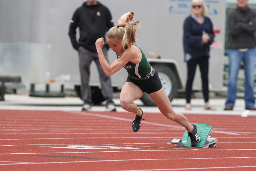 Marybeth Sant sprints out of the blocks during the 4x100 meter race at the Jack Christiansen Track meet at Colorado State on April 27. (Matt Begeman | Collegian)