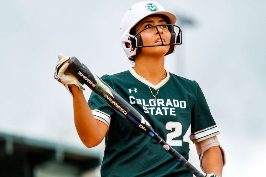Isabella Navarro looks up to God before stepping up to bat during the game against San Diego State. The Rams beat the Aztecs in a walk-off to win the weekend series 2-1. (Ashley Potts | Collegian)