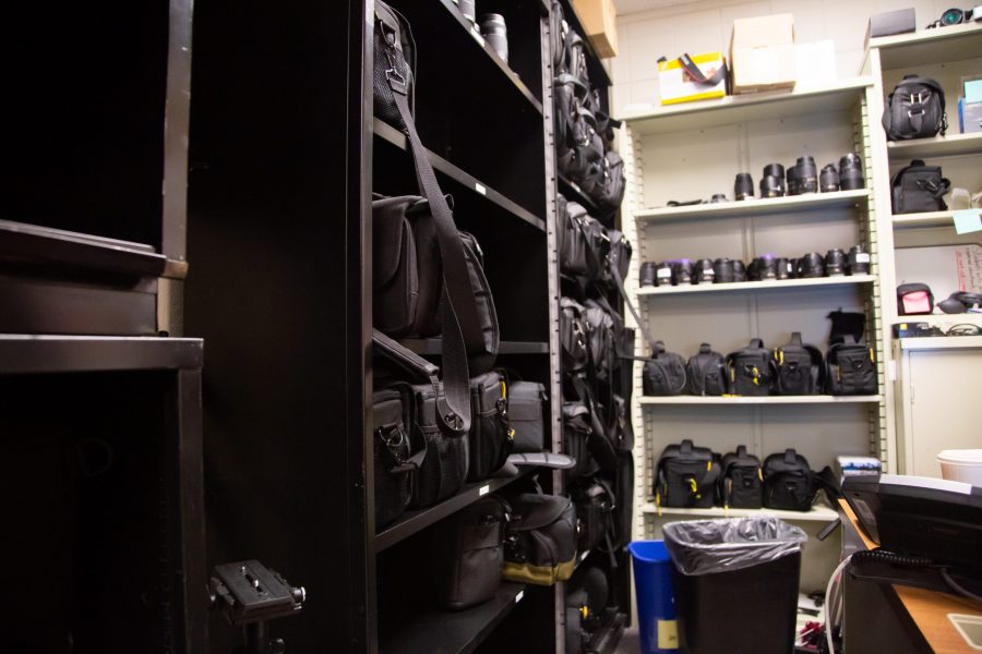 Journalism and Media Communication students are allowed to check out cameras, lenses, and accesorries from the equipment check out room in Clark C. The cameras available are Canon, Nikon, Sony, and GoPro. (Collegian | Clara Scholtz)