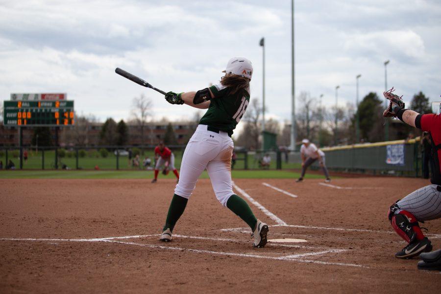 CSU pitcher Ashley Ruiz takes a swing at the ball during the third inning against the San Digeo Aztecs on April 26, 2019. (Josh Schroeder | Collegian)