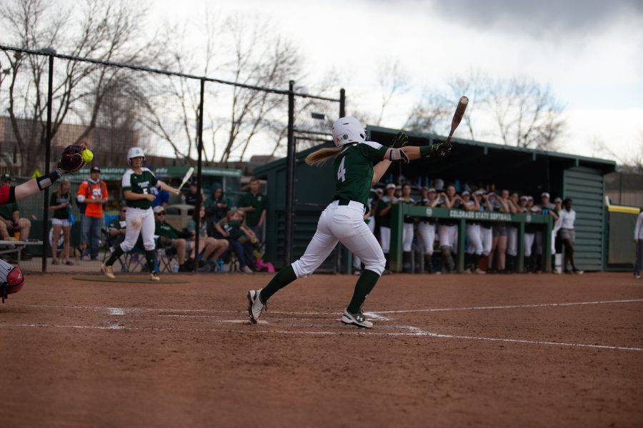 CSU outfielder Ashley Michelena has a swing and a miss during the game against the Aztecs. The pitcher would end this particular at bat by walking her with four balls. (Josh Schroeder | Collegian)