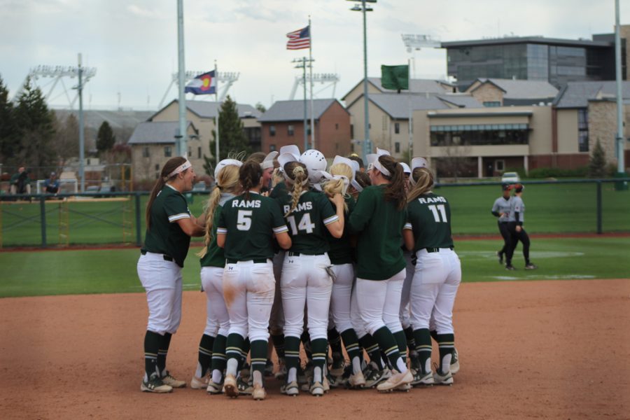 The Rams Celebrate a well fought victory, as freshman, Kaitlyn Cook hits a walk off run to give the Rams a victory over San Diego State. (Joshua Contreras | Collegian).