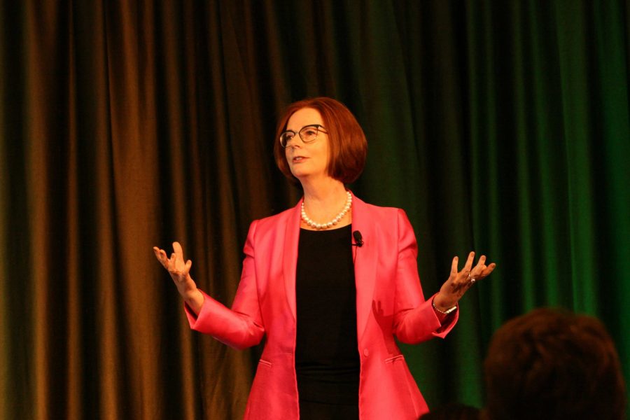 Julia Gillard, the first female prime minister of Australia, shares about her experiences with gender discrimination in politics and her strategy to respond  to hate with wit rather than anger in the Lory Student Center Ballroom to Fort Collins community members of all ages Apr. 8 (Alyssa Uhl | The Collegian)