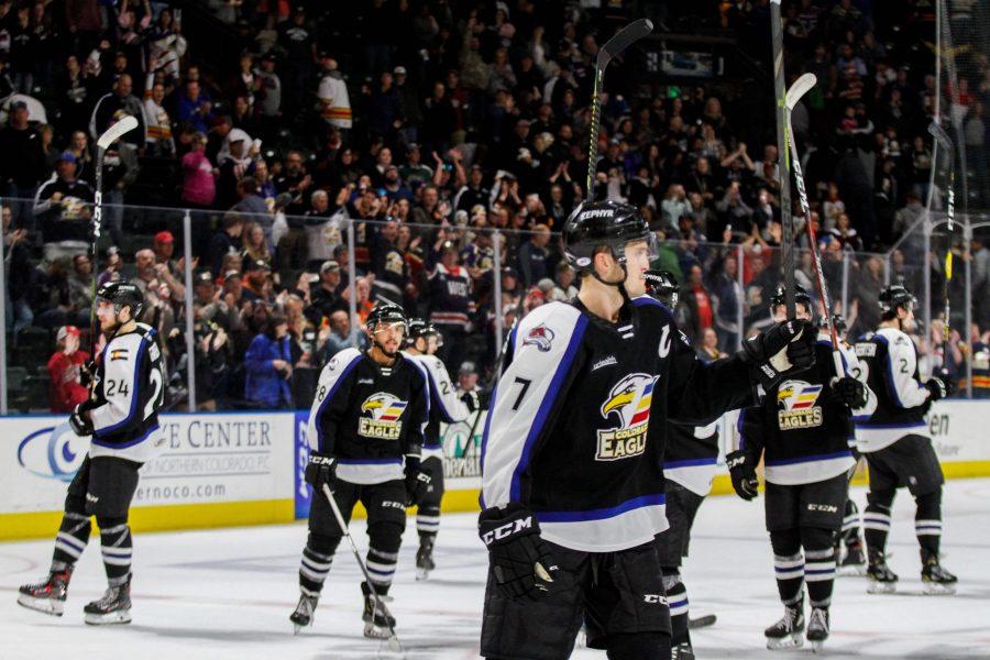 Captain Mark Alt and the rest of the Colorado Eagles salute their fans on fan appreciation night. Eagles won the game against to San Jose Barracuda on 4/13. (Photo Courtesy of the Colorado Eagles)