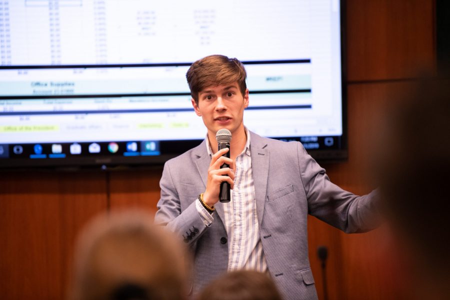 Associated Students of Colorado State University President-Elect Ben Amundson proposes the 2019-20 ASCSU budget to the Senate body May 1. (Colin Shepherd | Collegian)