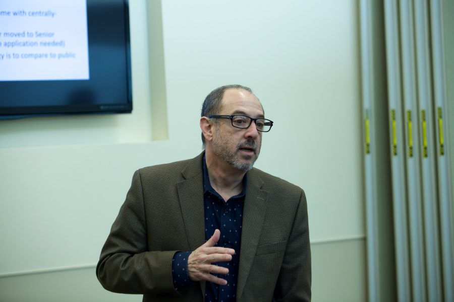 Rick Miranda, Provost and Executive Vice President, speaks to teachers about pay in the LSC May 10. Compensation, job security, shared governance and professional development were among the topics that were discussed. (Ryan Schmidt | Collegian)
