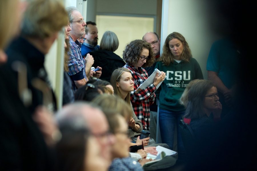 Teachers listen to members of the Colorado State University President’s cabinet discuss pay in the Lory Student Center May 10. Compensation, job security, shared governance and professional development were among the topics that were discussed. (Ryan Schmidt | Collegian)