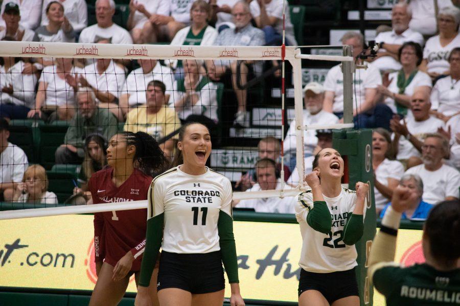 Paulina Hougaard-Jensen and  Katie Oleksak celebrate a score off of a blocked ball, as CSU battles the OU Sooners.  The Rams won three sets to zero. (Devin Cornelius | Collegian)