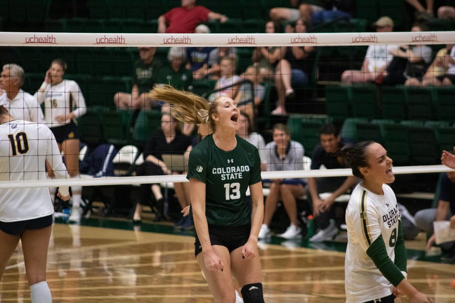 Kristie Hillyer (13) celebrates after a score against the Golden Bears at home. The Rams fall to the Golden Bears three sets to one. (Devin Cornelius | Collegian)