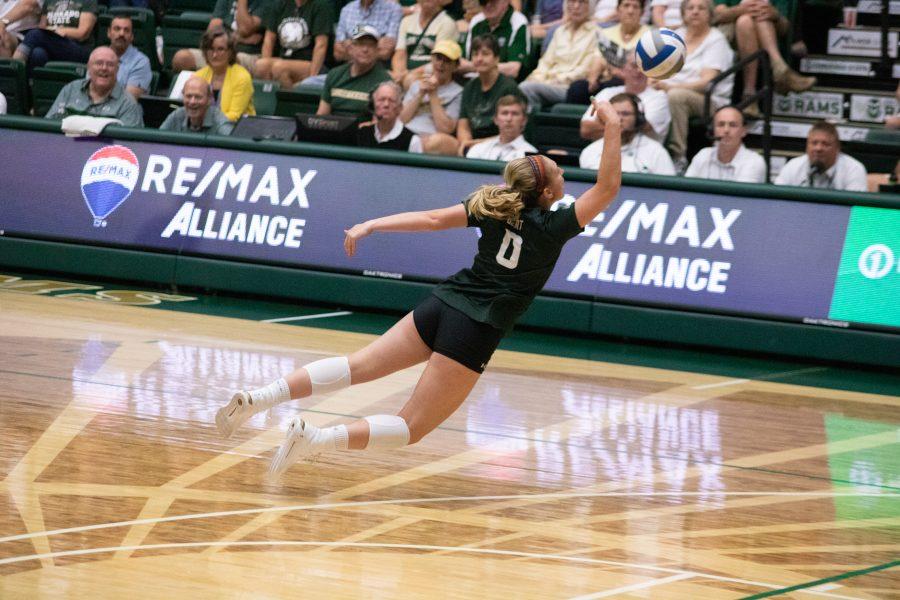 Alyssa Bert (0) dives to save the ball, during CSU's batter against Cal Berkeley. The Golden Bears defeat the Rams three sets to one. (Devin Cornelius | Collegian)