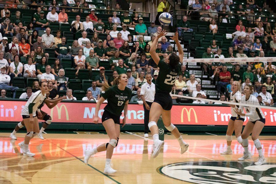 Kristie Hillyer (13) runs as Katie Oleksak (22) sets the ball to her, during their home game against UC Berkeley.The Rams fall three sets to one. (Devin Cornelius | Collegian)