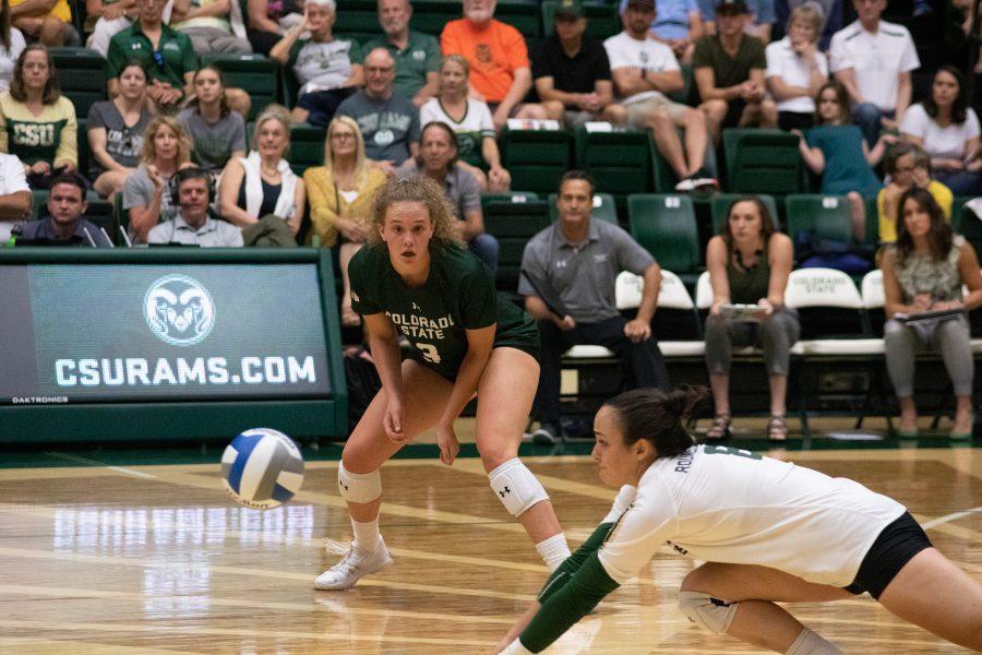 Alexa Roumeliotis (8) dives for the ball with Olivia Nicholson(3) watching, as the Rams take on the California Golden Bears in Moby Arena. The Rams fall to the Golden Bears three sets to one. (Devin Cornelius | Collegian)