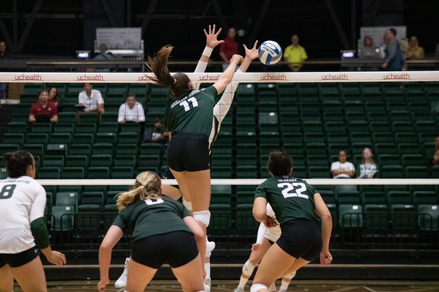 Paulina Hogaard-Jensen (11) spikes the ball down on a defender, during the Rams' game against the California Golden Bears. CSU loses three sets to one (Devin Cornelius | Collegian)