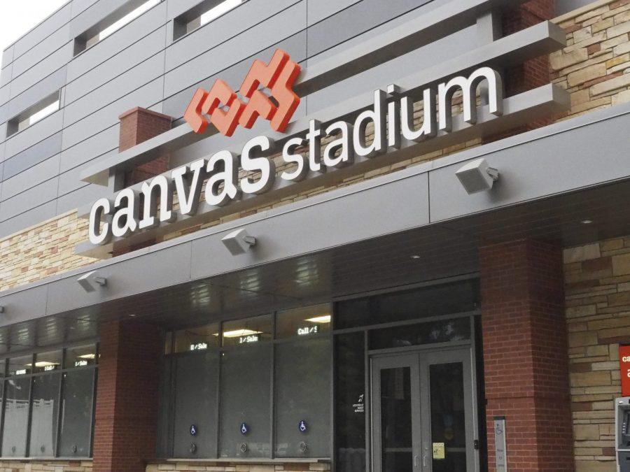 Canvas Stadium logo outside the will call office. The host to CSU rams football home games, Canvas Stadium revenues are outpacing the projected profits for this year. (Gregory James | Collegian)