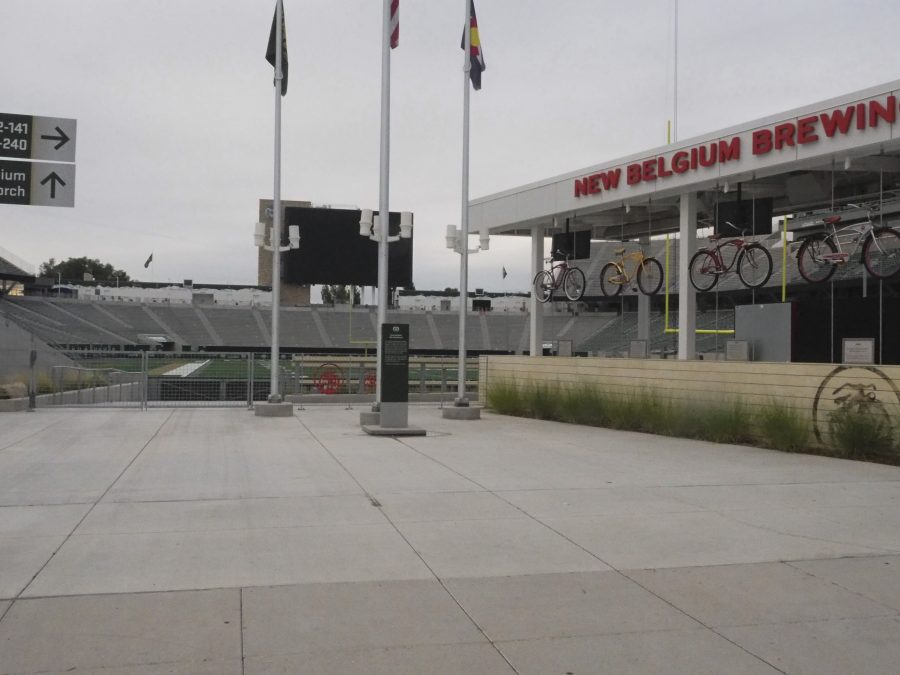 The New Belgium Brewing porch at the North end zone of Canvas Stadium.
