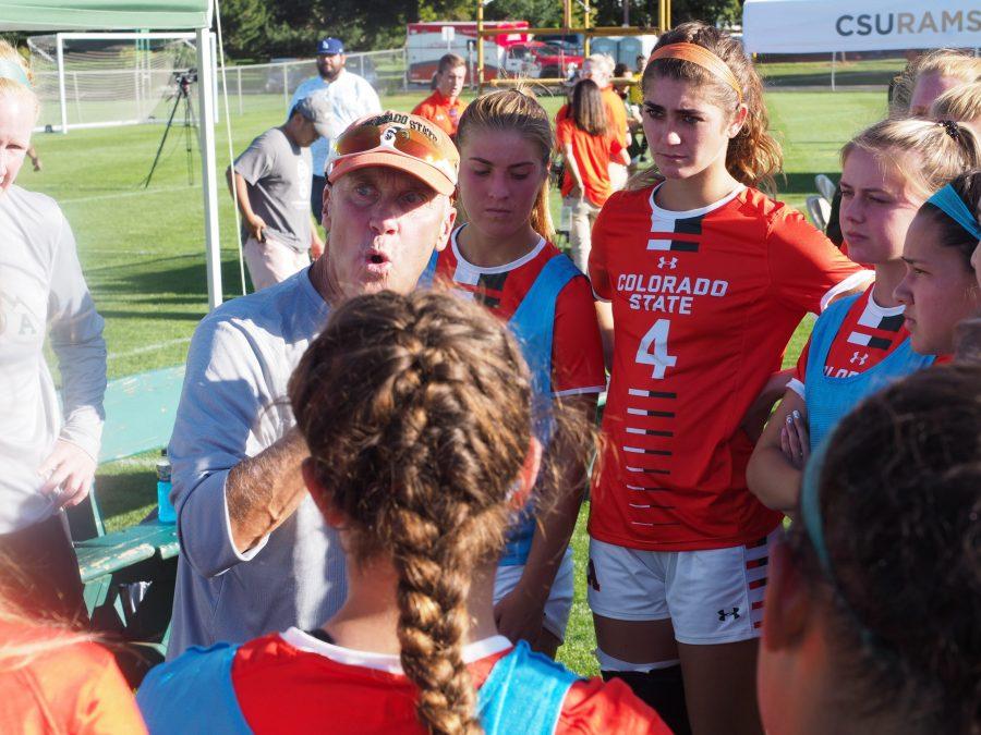 Colorado State womens soccer head coach Bill Hempen explains the game strategy going into overtime in the Rams 1-0 win over Denver. The Rams would take his advice to heart and use it to get a game winning goal scored by midfielder Caeley Lordemann (14) (Gregory James | Collegian) 