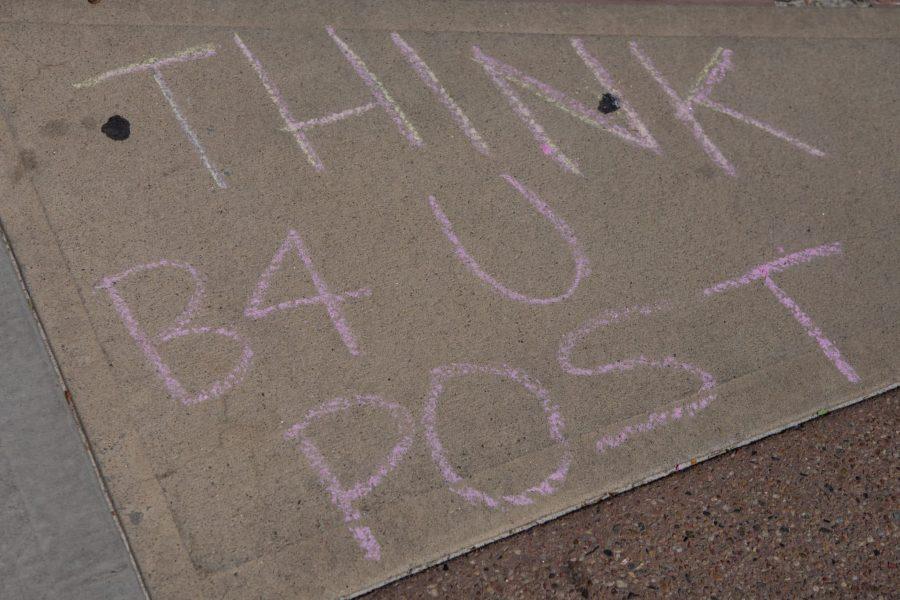 Messages written in chalk on the plaza in response to Colorado State University Administration’s actions about the blackface image Sep. 18, 2019. (Matt Tackett | The Collegian)