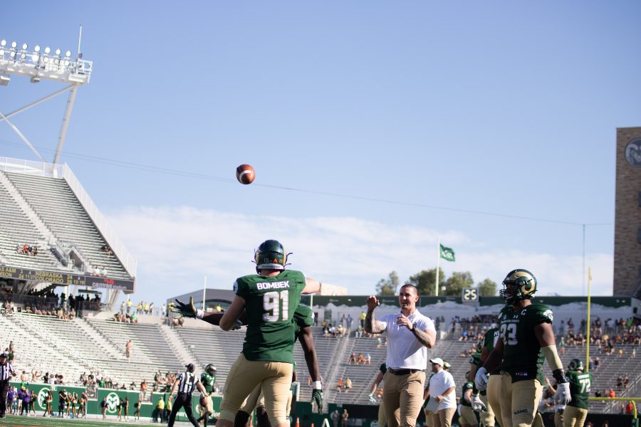 Jan-Phillip Bombek (91) throws the ball back, after CSU makes a fumble recovery, during their first home game of the season, against Western Illinois University. CSU wins 38-13. (Devin Cornelius | Collegian)