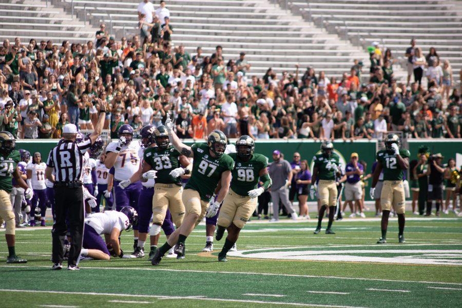 Toby McBride (97) Celebrates after a sack, as CSU takes on Western Illinois University at home. CSU wins its first home game 38-13. (Devin Cornelius | Collegian)