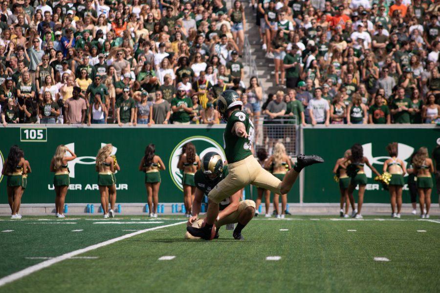 Maxwell Poduska (90) attempts an extra point after Colorado State scores on Western Illinois, during CSU's first home game. CSU wins 38-13. (Devin Cornelius | Collegian)
