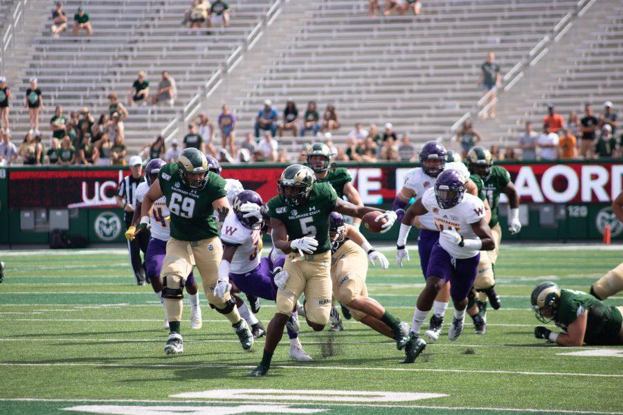 Marvin Kinsey Jr. (5) makes a defender miss during CSU's home opener game against WIU. Colorado State defeats Western Illinois 38-13. (Devin Cornelius | Collegian)