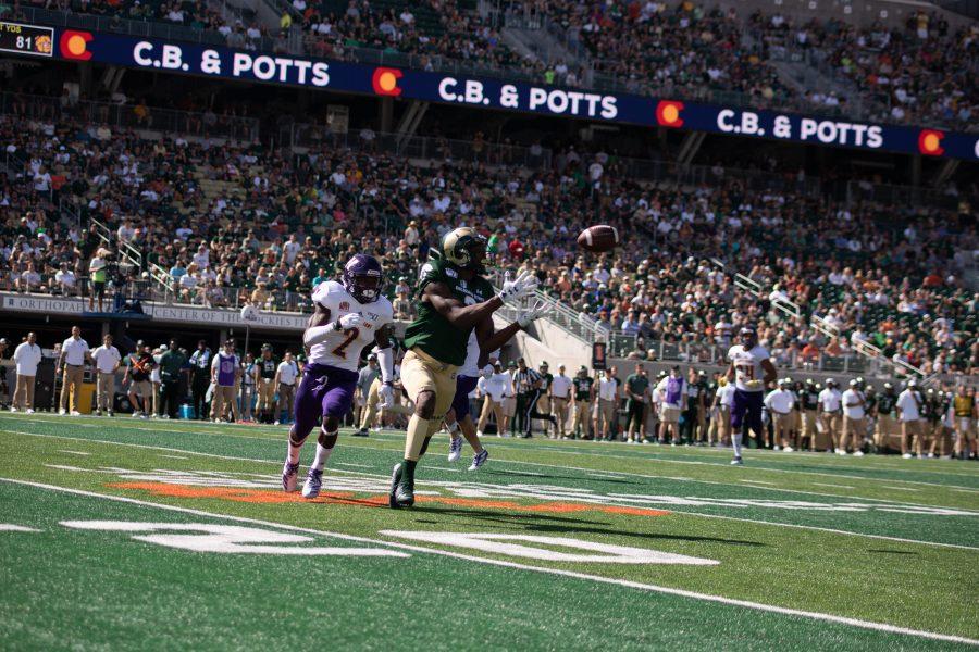 Ej Scott Jr. (3) catches a pass from Collin Hill(15) during CSU's first home game. CSU defeats Western Illinois 38-13. (Devin Cornelius | Collegian)