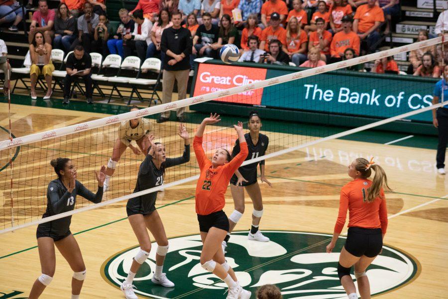 Katie Oleksak (22) sets the ball to Kirstie Hillyer(13)  during Colorado States home game vs the University of Colorado Boulder. Colorado State sweeps Boulder in the match, three sets to zero. Devin Cornelius | Collegian)