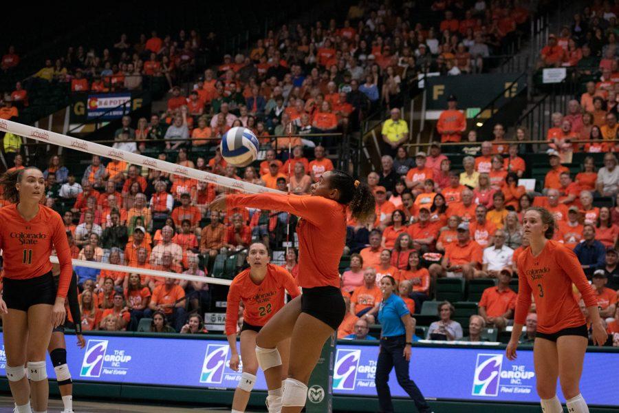 Brooke Hudson (4) bumps the ball towards her teammates during the Orange out game against the University of Colorado Boulder Buffs. The Rams defeat the Buffs three sets to zero. (Devin Cornelius | Collegian)