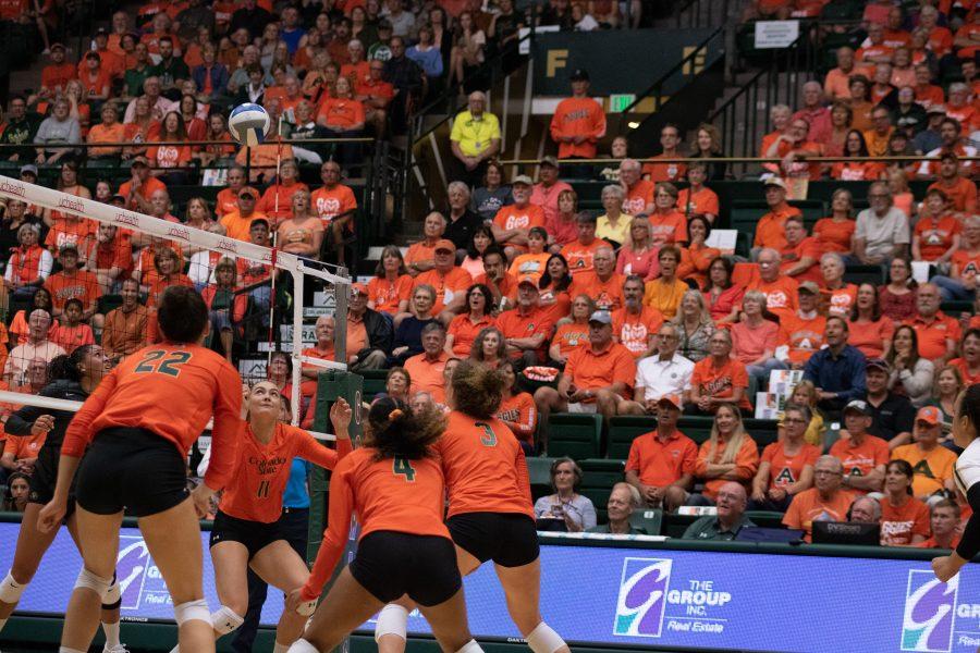 Katie Oleksak(22), Paulina Hougaard-Jensen(11), Brooke Hudson(4), and Olivia Nicholson(3) move towards the ball during an intense rally, as Colorado State battles the University of Colorado at Boulder. Rams win three sets to zero.  (Devin Cornelius | Collegian)