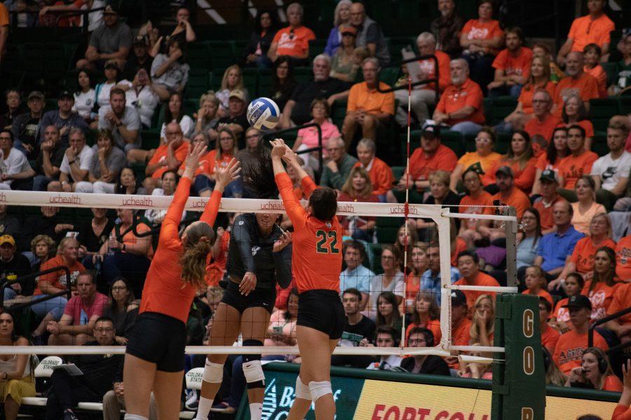 Paulina Hougaard-Jensen (11) and Katie Oleksak (22) leap to block a spike from a University of Colorado Boulder player, as they play at home. The Rams defeat the Buffs three sets to zero. (Devin Cornelius | Collegian)