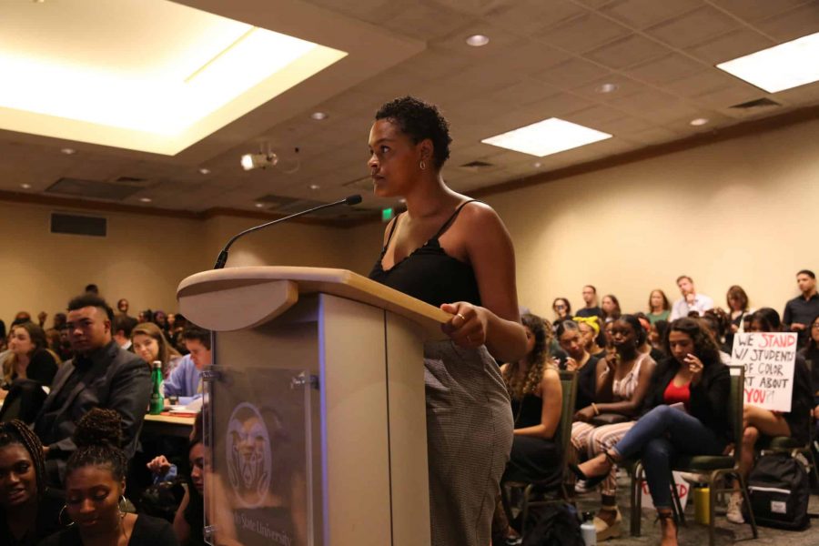 Breonna Abuya speaks at the Associated Students of Colorado State University senate session Sept. 18, 2019, during a discussion of the blackface image that has been circulating on social media recently. The senate session was moved to the North Ballroom of the Lory Student Center to a accommodate for an unusually large crowd size. (Forrest Czarnecki | The Collegian)