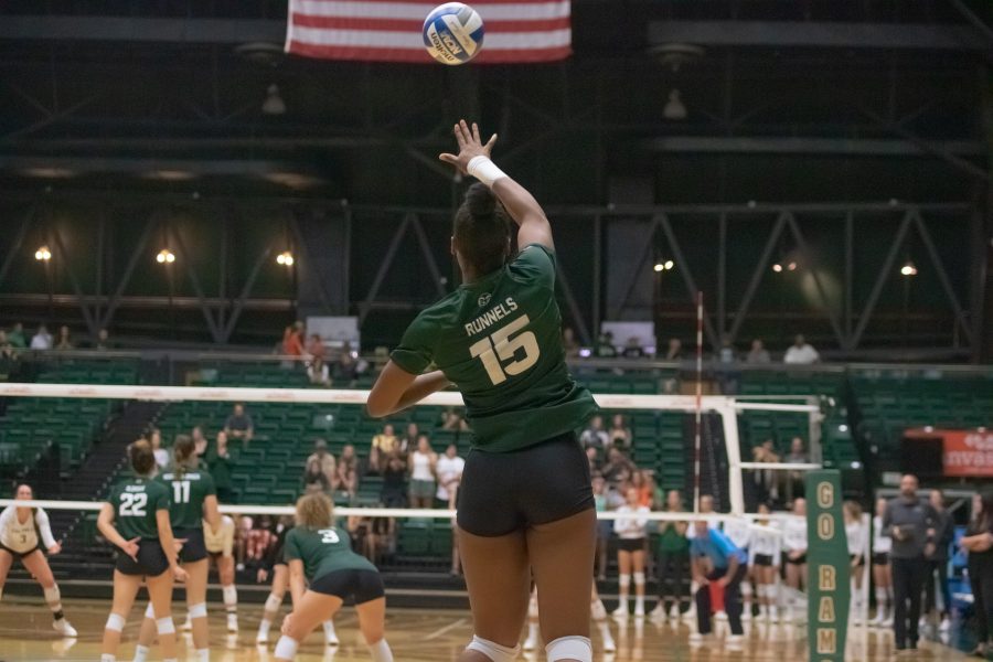 Breana Runnels(15) serves the ball to Cal Poly during a home game against the Mustangs. CSU wins three sets to zero.(Devin Cornelius | Collegian)