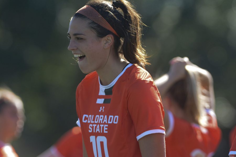 Forward Kristen Noonan (10) laughs at a remark by one of her teammates before the Rams 1-0 win over the visiting Denver Pioneers on September 13, 2019. Noonan, a Cal State- Fullerton transfer, Noonan joins the rams squad with an all freshman team honor and the second highest goal count at Cal State Fullerton with five goals. Noonan did not have any goals in the Rams win against Denver (Gregory James | Collegian)